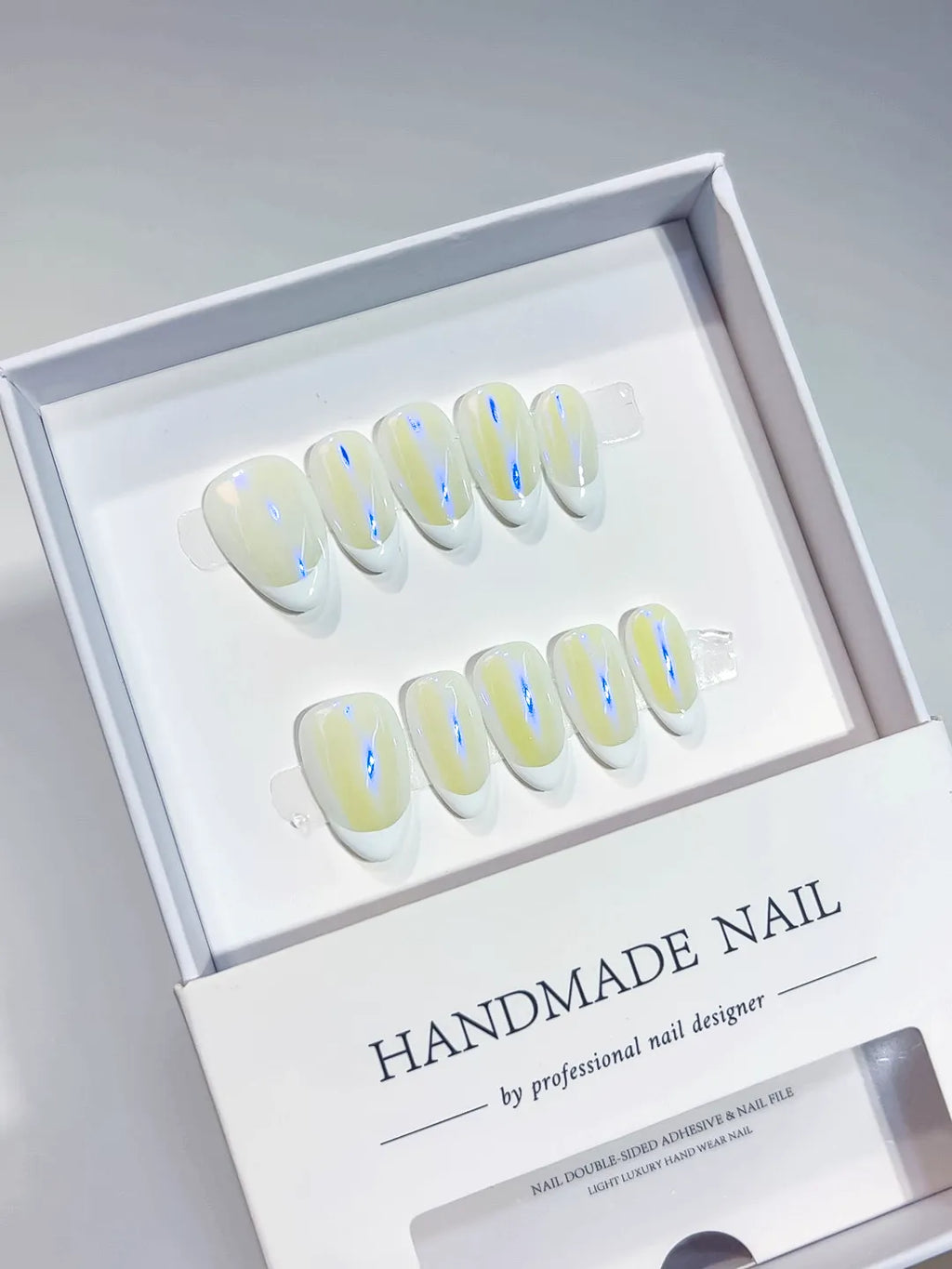handmade press on nails short almond white french with subtle glow 