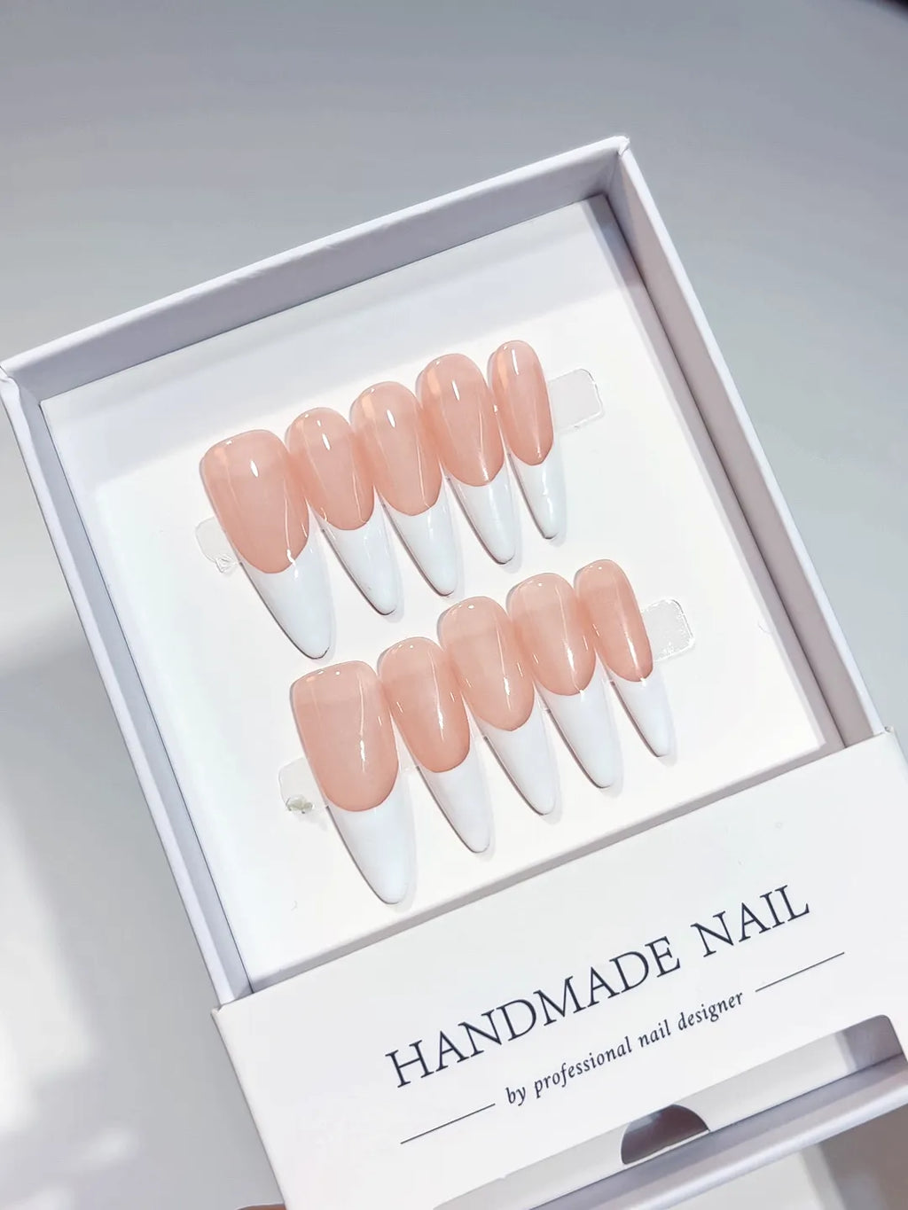 handmade press on nails, full set long stiletto pink and white French tips