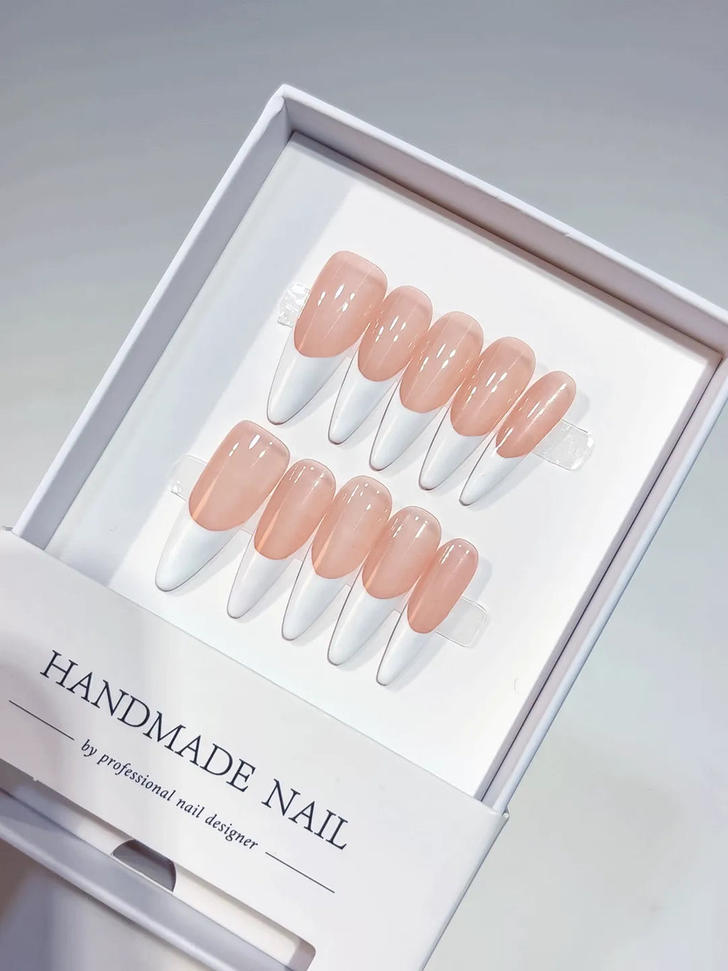 handmade press on nails, full set long stiletto pink and white French tips