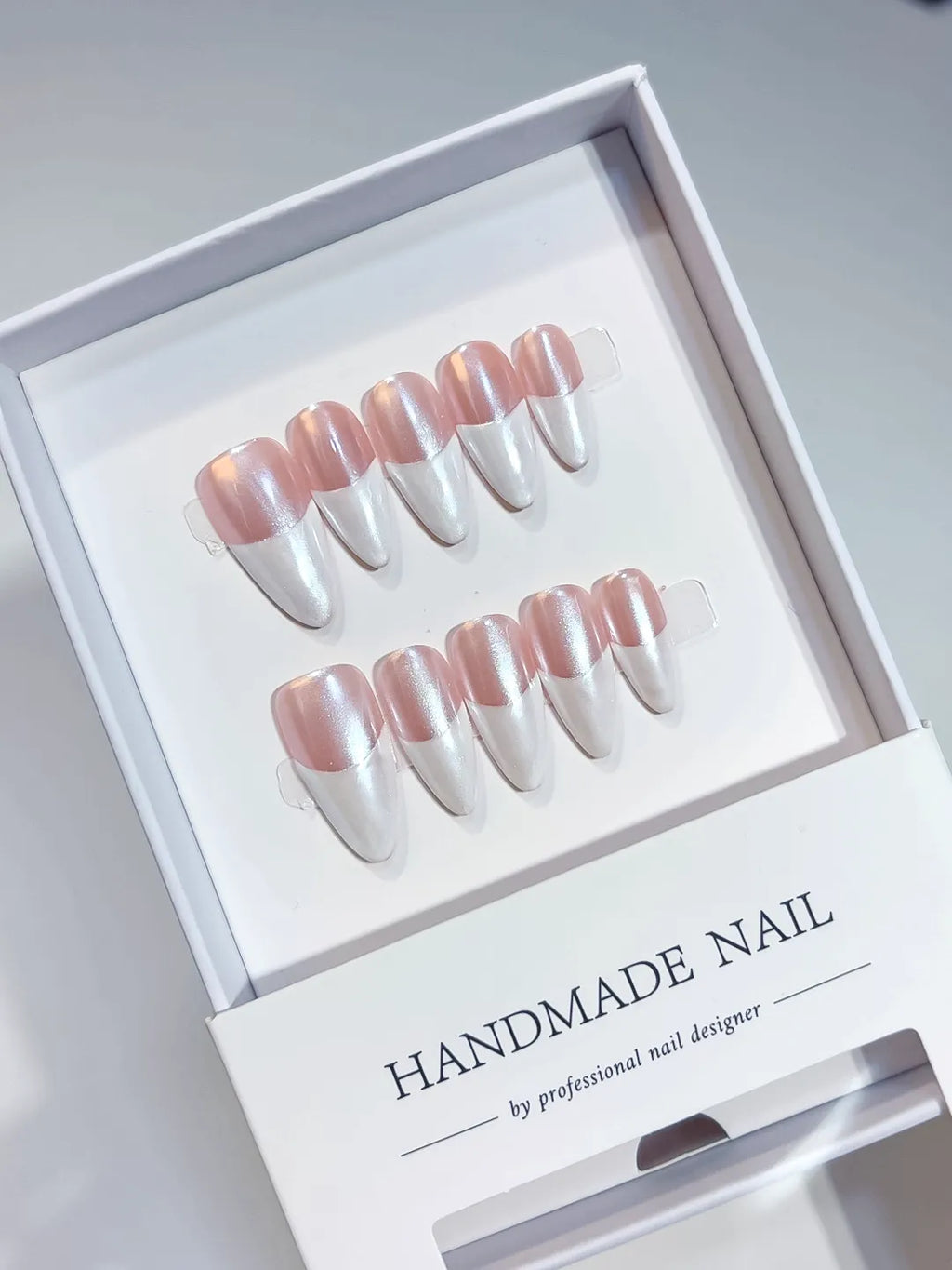 handmade press on nails, medium almond glossy French pink white set