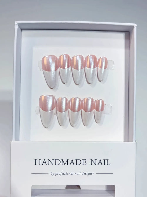 handmade press on nails, medium almond glossy French pink white set