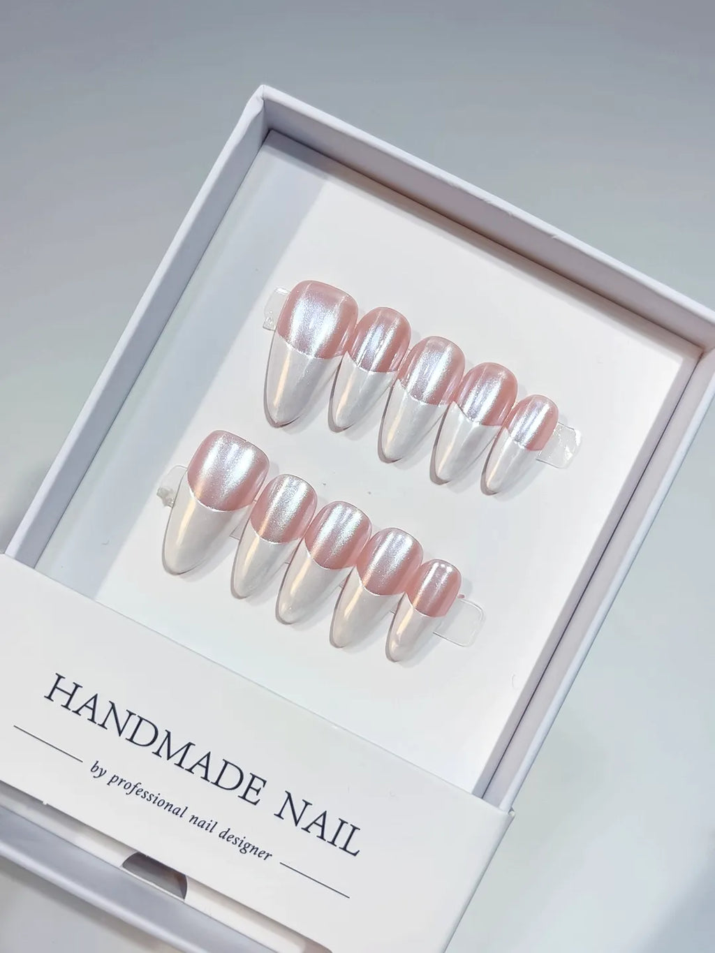 handmade press on nails, medium almond glossy French pink white set