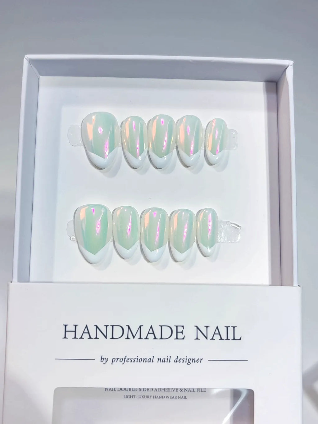 Handmade press on nails short almond iridescent French set, centerpiece view