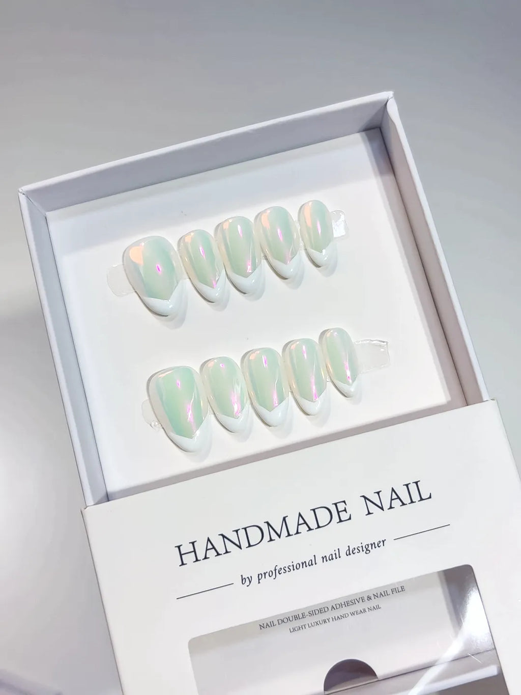 Handmade press on nails short almond iridescent French set, centerpiece view