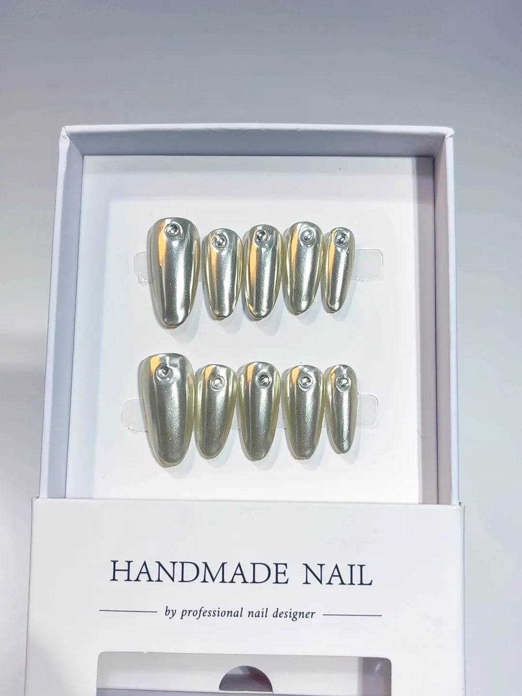 handmade press on nails long almond silver glitter with rhinestone centerpiece