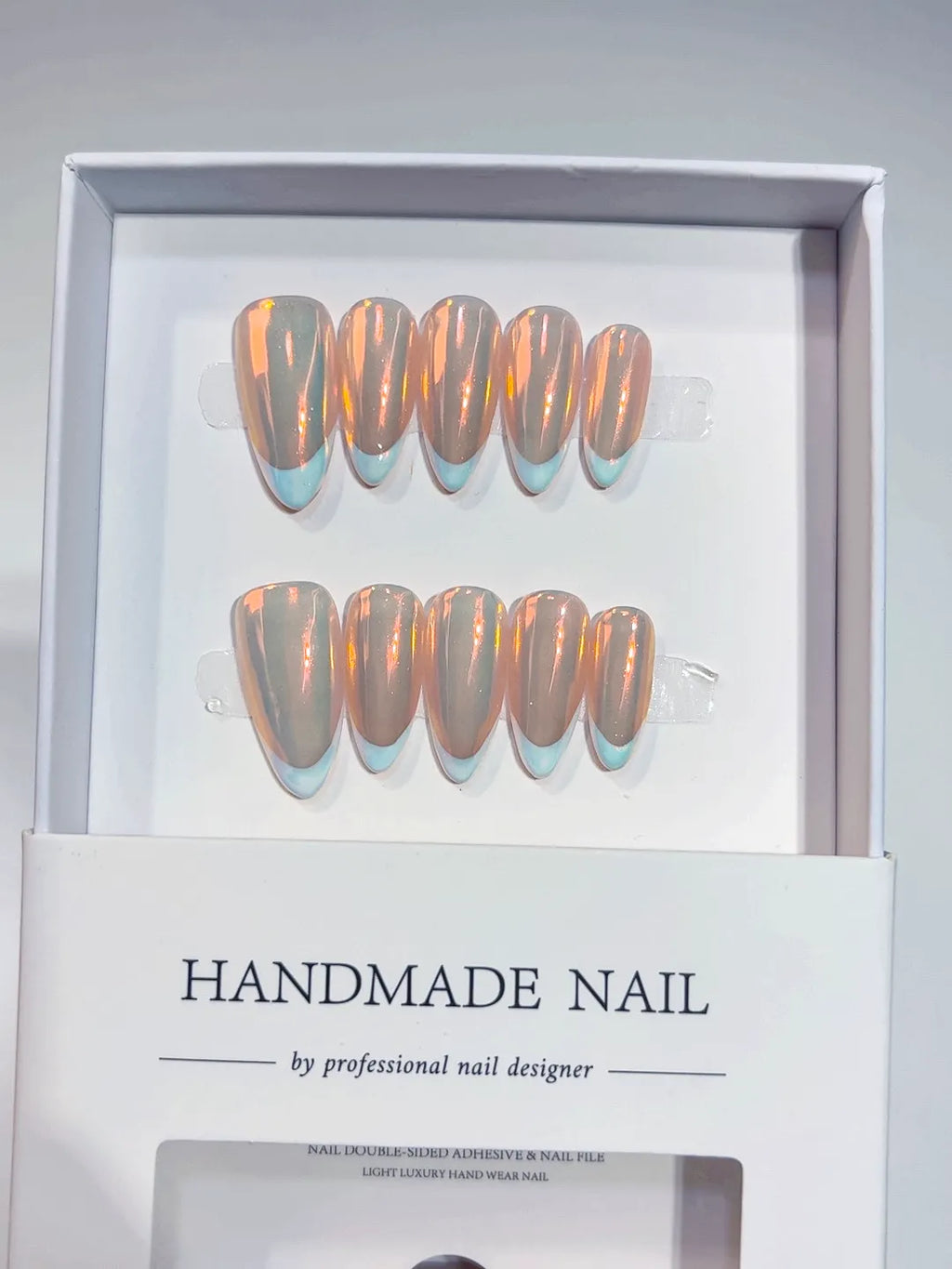 handmade press on nails medium almond with blue French tips and clear glow full set