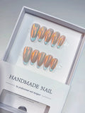 handmade press on nails medium almond with blue French tips and clear glow full set