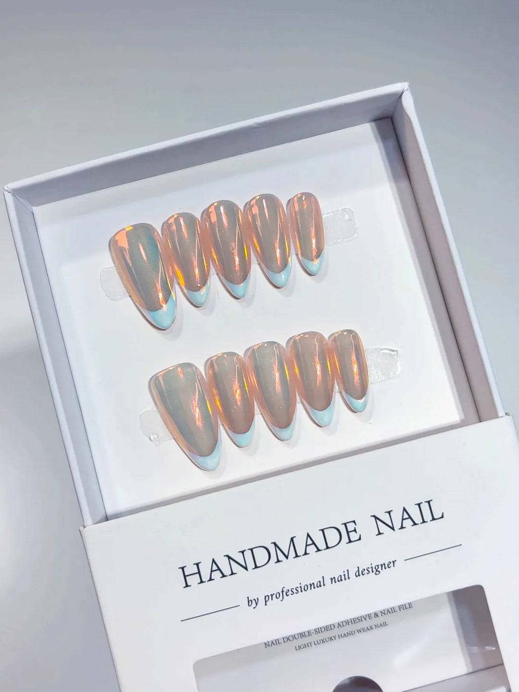 handmade press on nails medium almond with blue French tips and clear glow full set