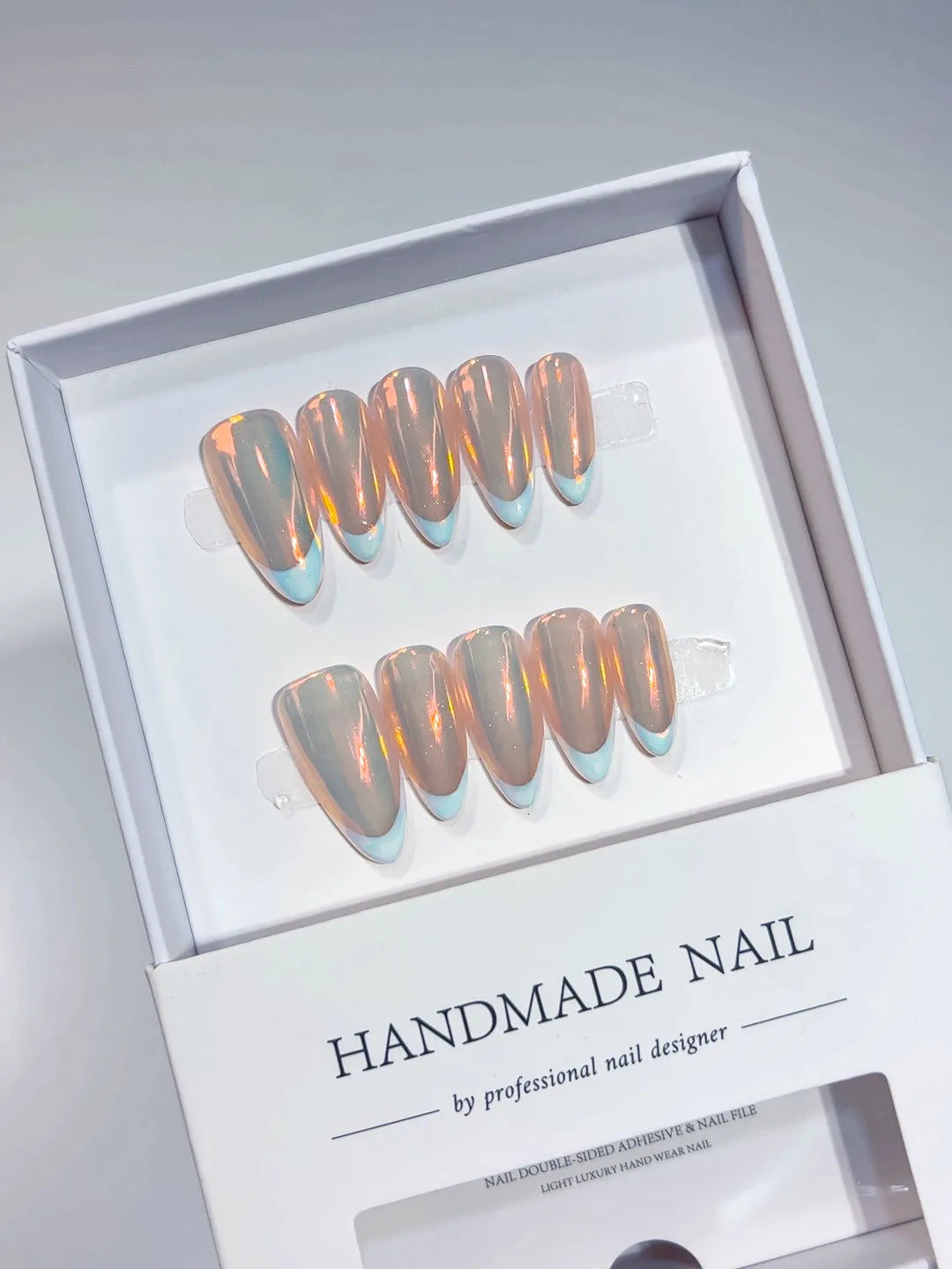 handmade press on nails medium almond with blue French tips and clear glow full set
