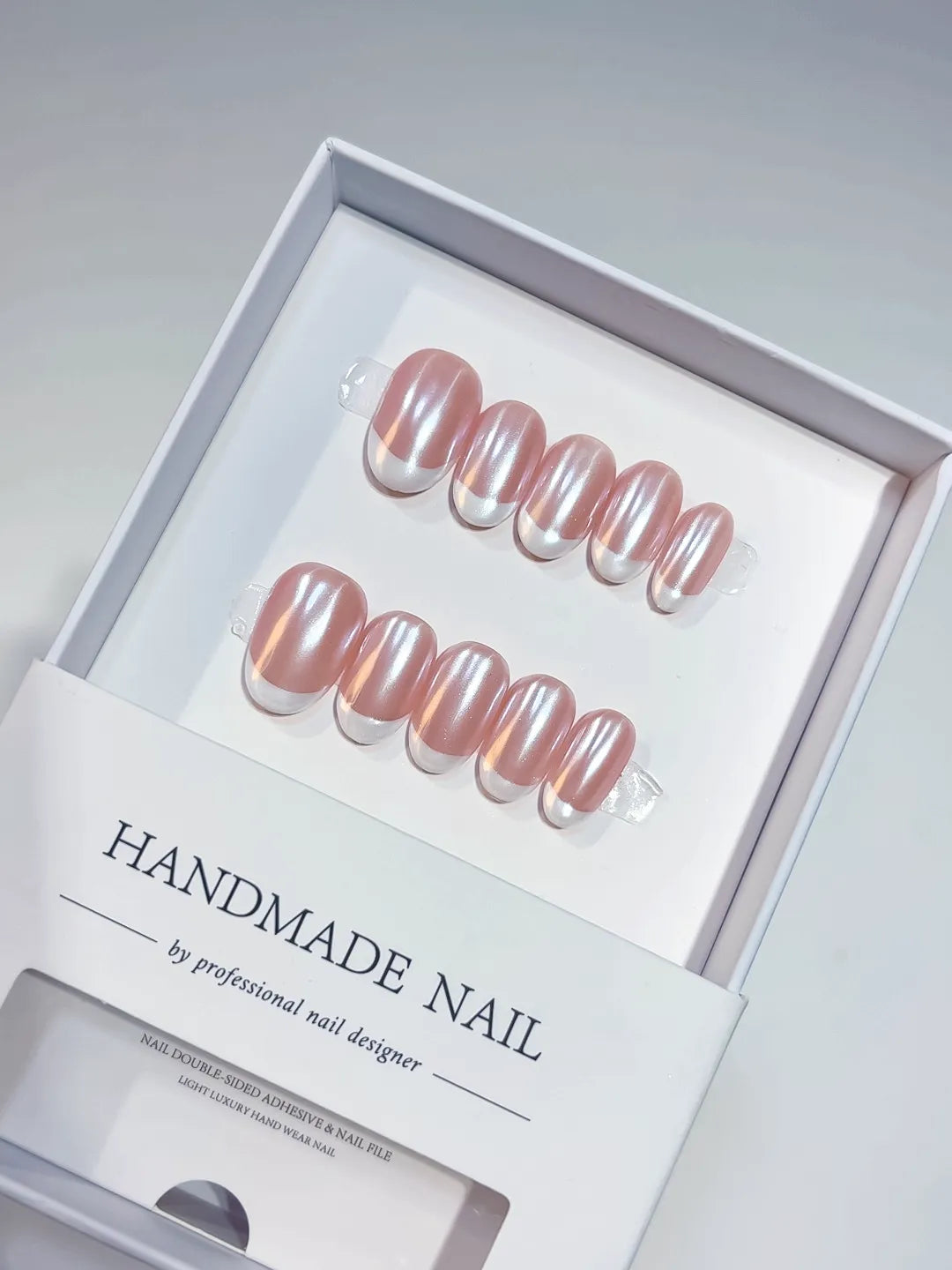 handmade press on nails, short oval glossy French pink white set