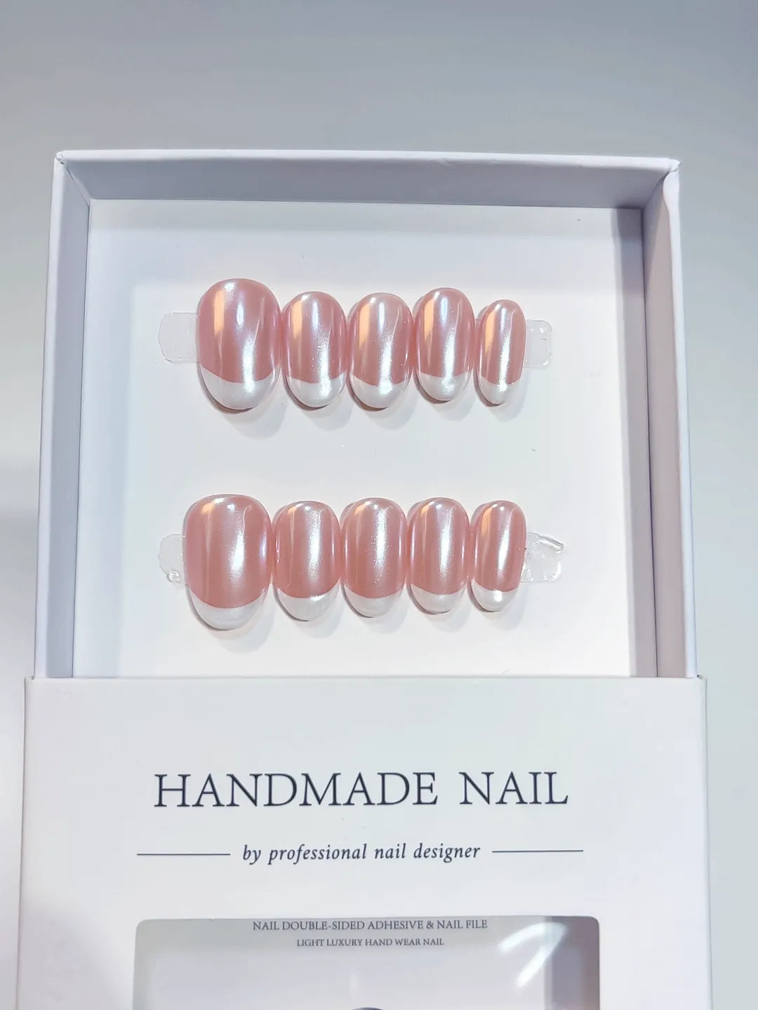 handmade press on nails, short oval glossy French pink white set