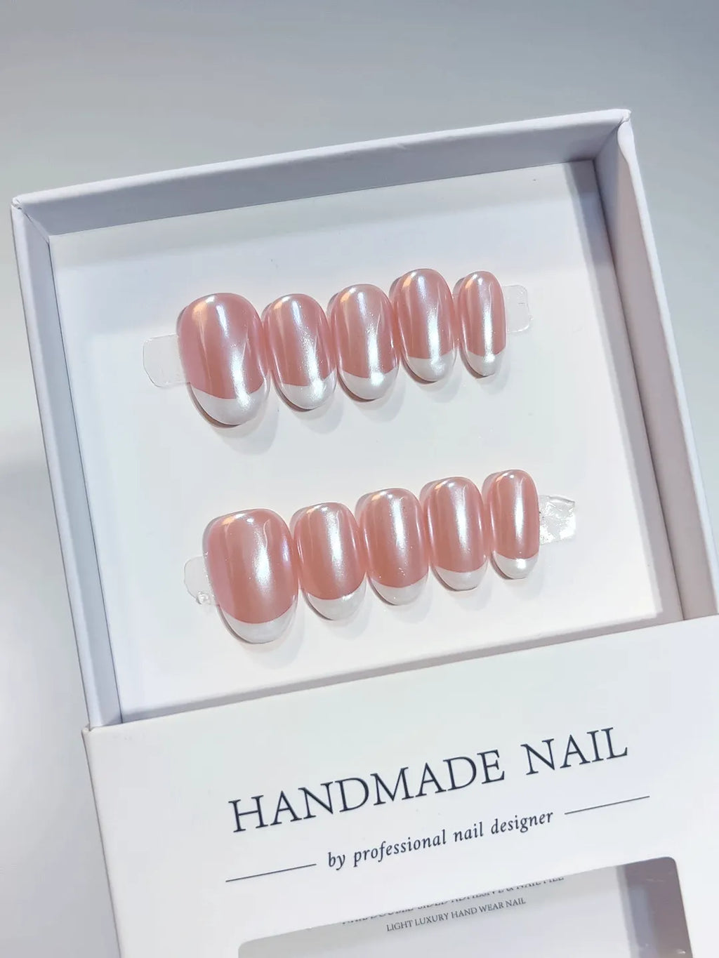 handmade press on nails, short oval glossy French pink white set