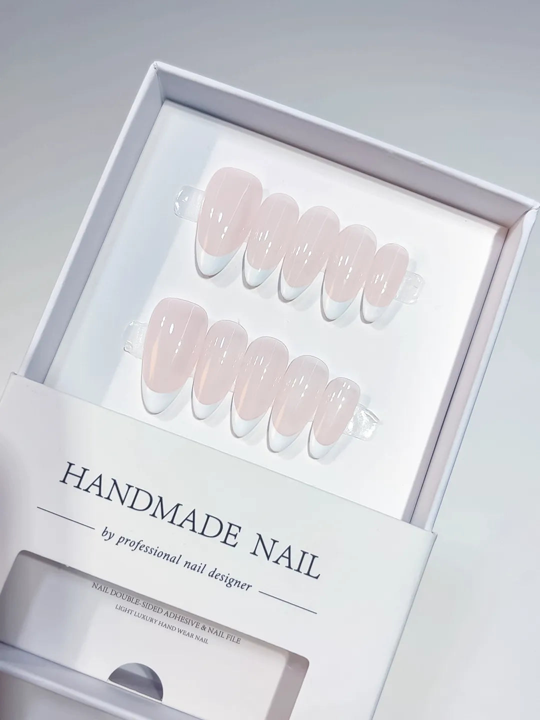 handmade press on nails short square pink french, centered display