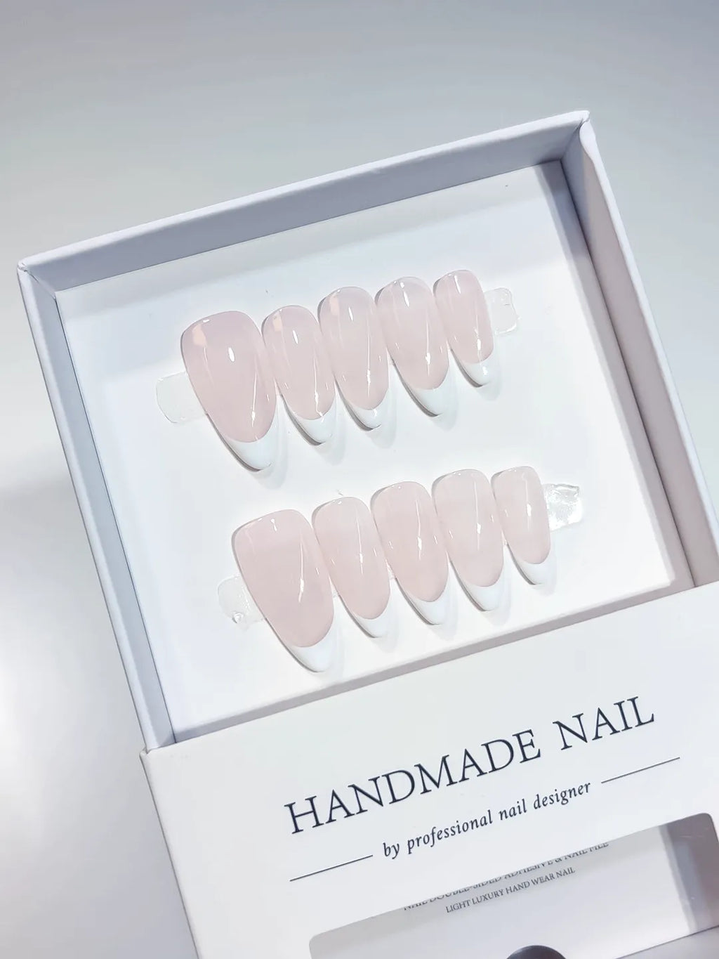 handmade press on nails short square pink french, centered display