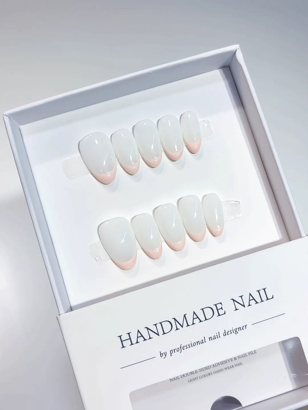 handmade press on nails short almond french style, full set front view