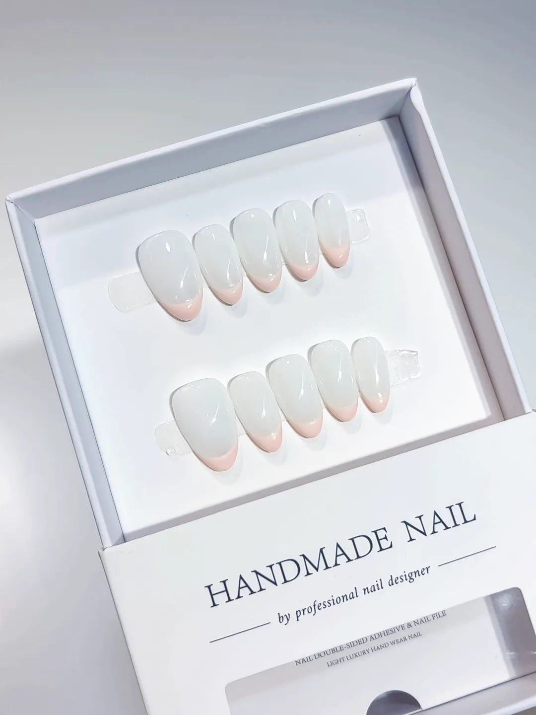 handmade press on nails short almond french style, full set front view