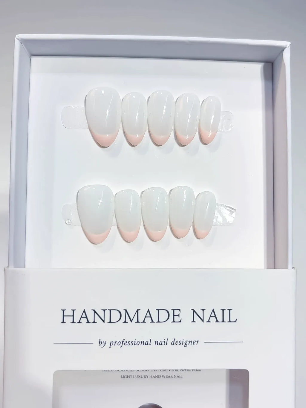 handmade press on nails short almond french style, full set front view