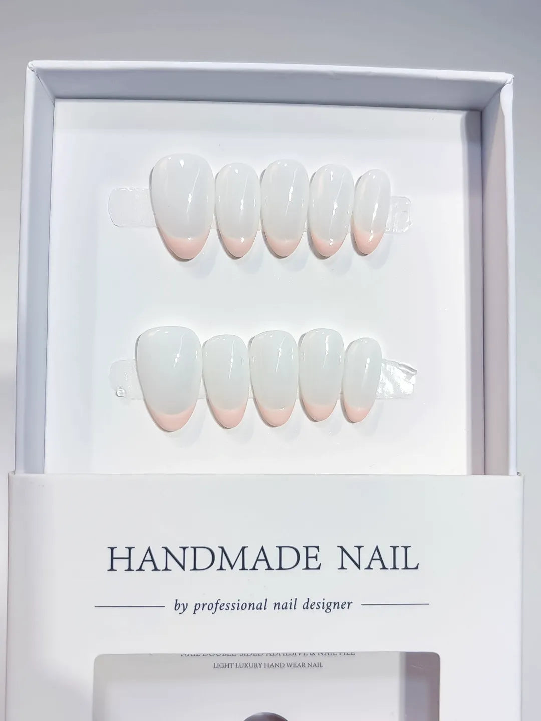 handmade press on nails short almond french style, full set front view