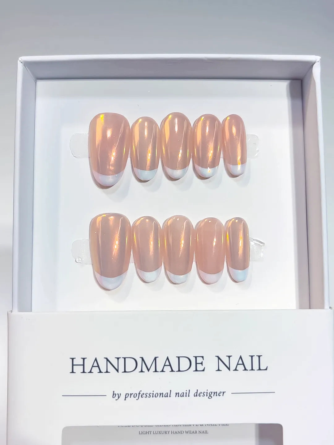 Nude White Multicolor French tip Aurora Sheen press on nails angled view