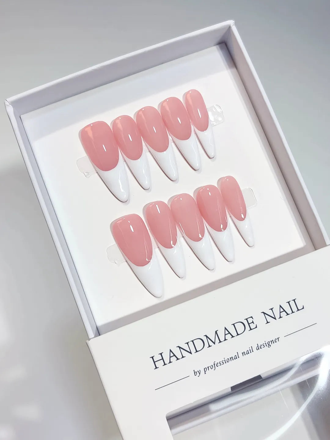 handmade press on nails long almond pink white french design, front view