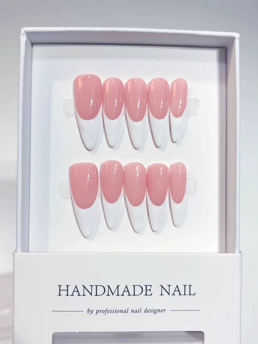 handmade press on nails long almond pink white french design, front view