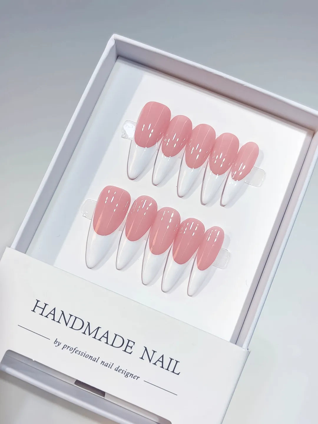 handmade press on nails long almond pink white french design, front view