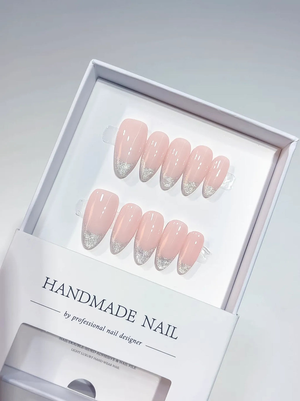 handmade press on nails medium almond pink with silver glitter tips centerpiece