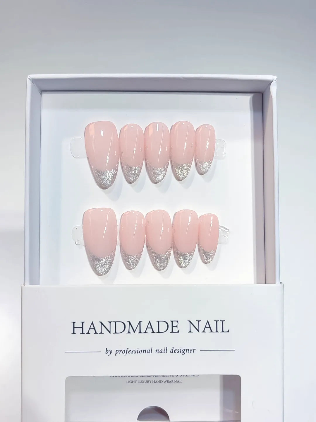 handmade press on nails medium almond pink with silver glitter tips centerpiece