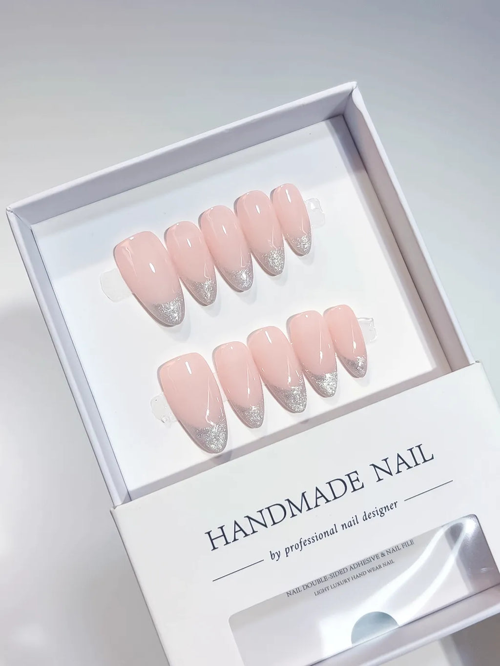 handmade press on nails medium almond pink with silver glitter tips centerpiece