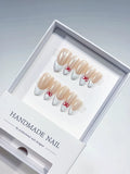 medium almond nude & white french with red bow accents, handmade press on nails centerpiece