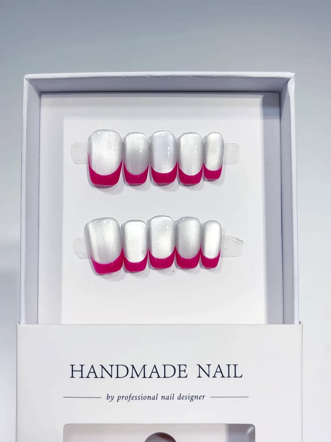 White Pink French tip press on nails full set view