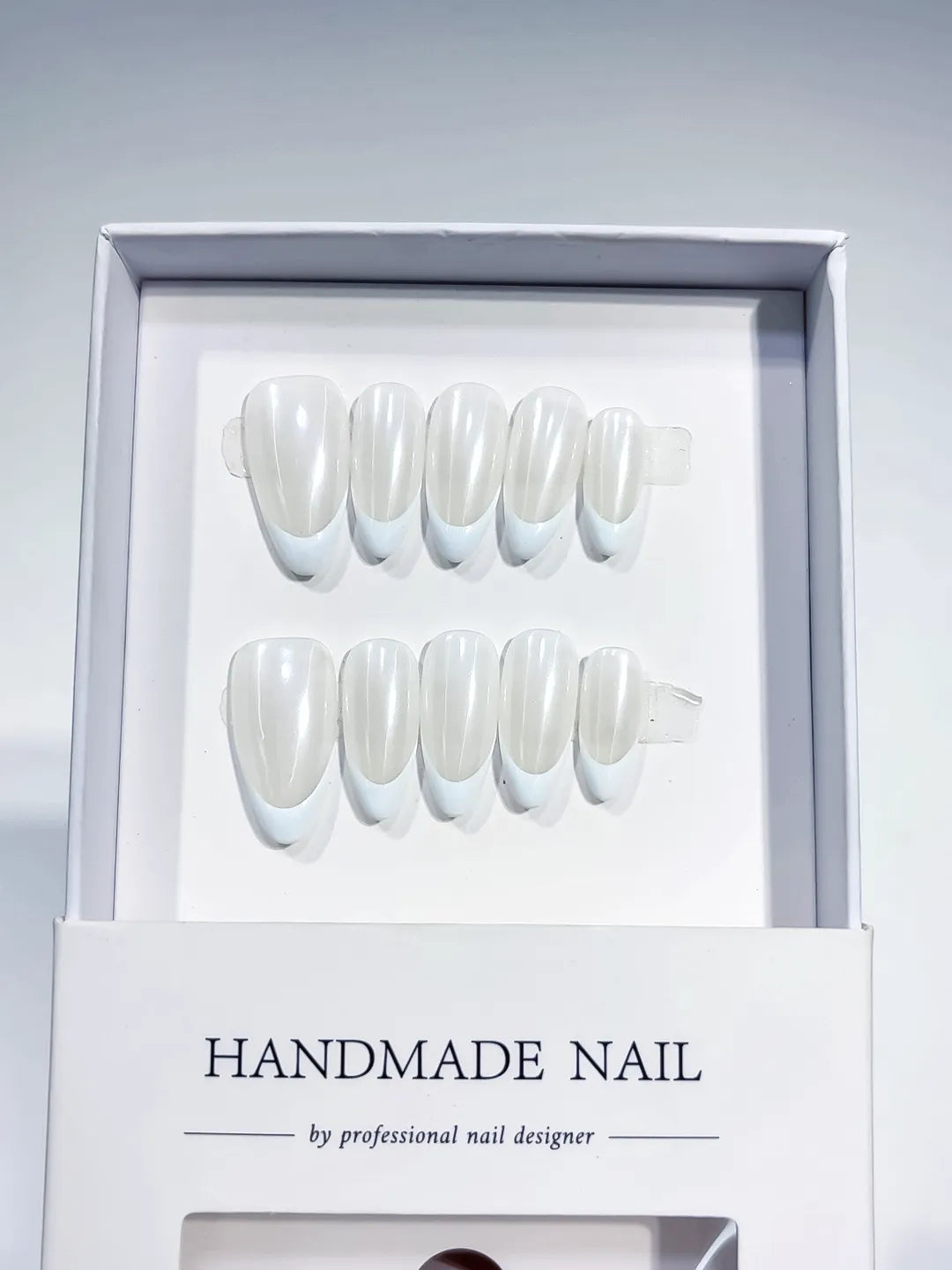 White French tip Pearl Sheen press on nails full set view
