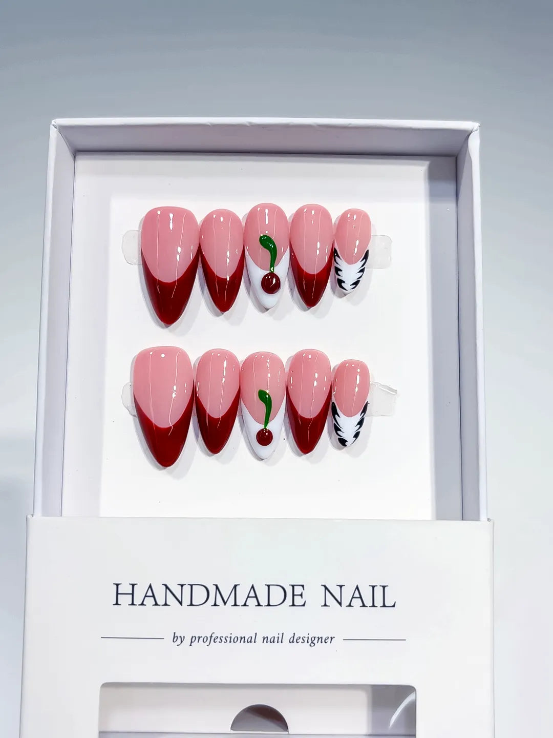 Pink Red White French tip Cherry Leaf press on nails full set view