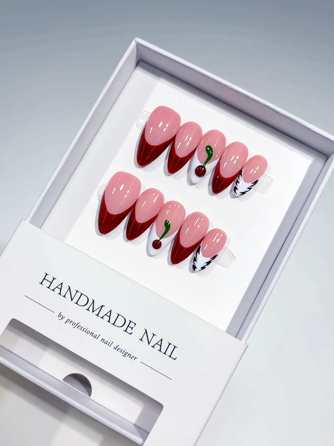 Pink Red White French tip Cherry Leaf press on nails