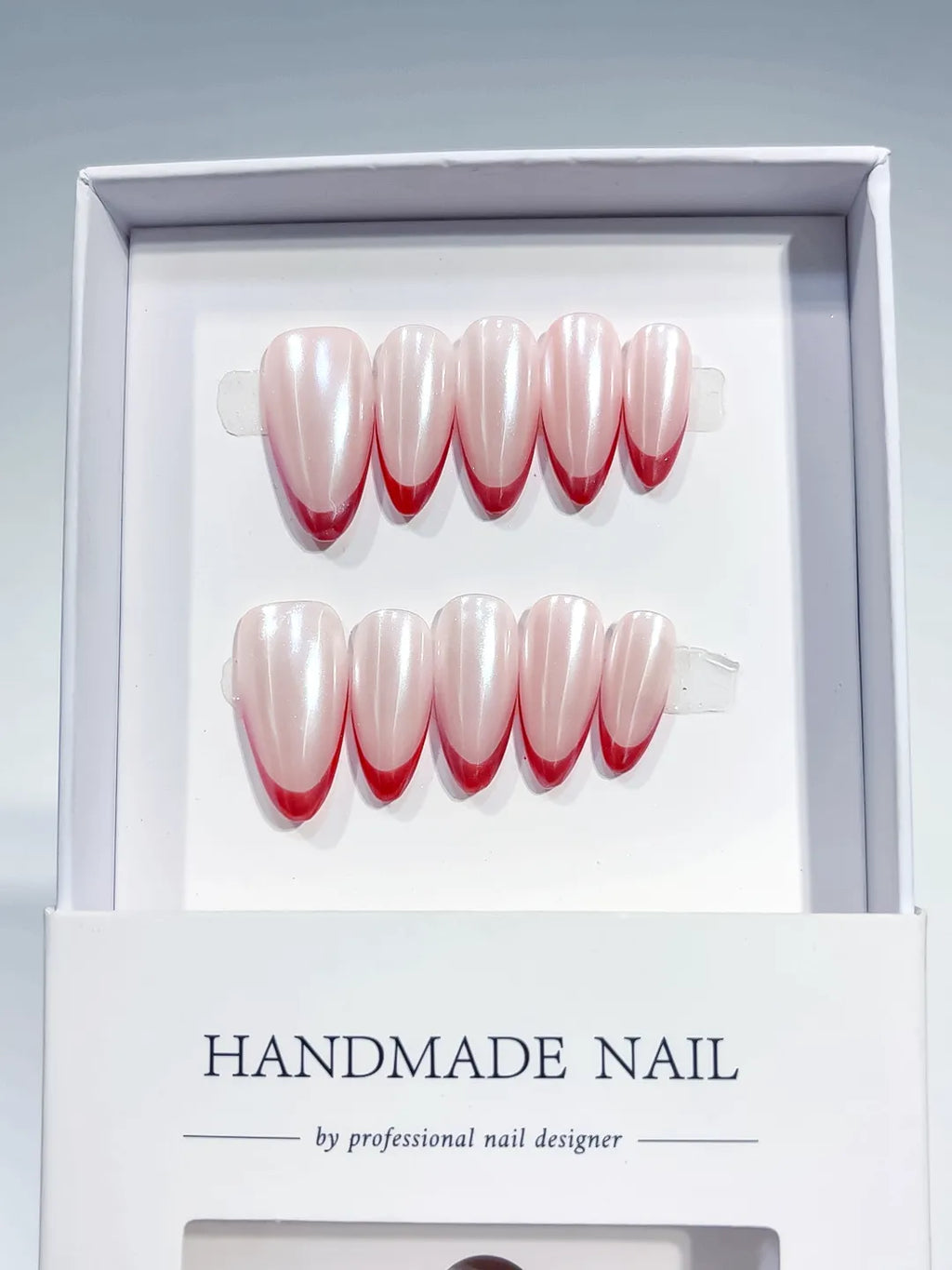 White Pink Red French tip Pearl Sheen press on nails full set view