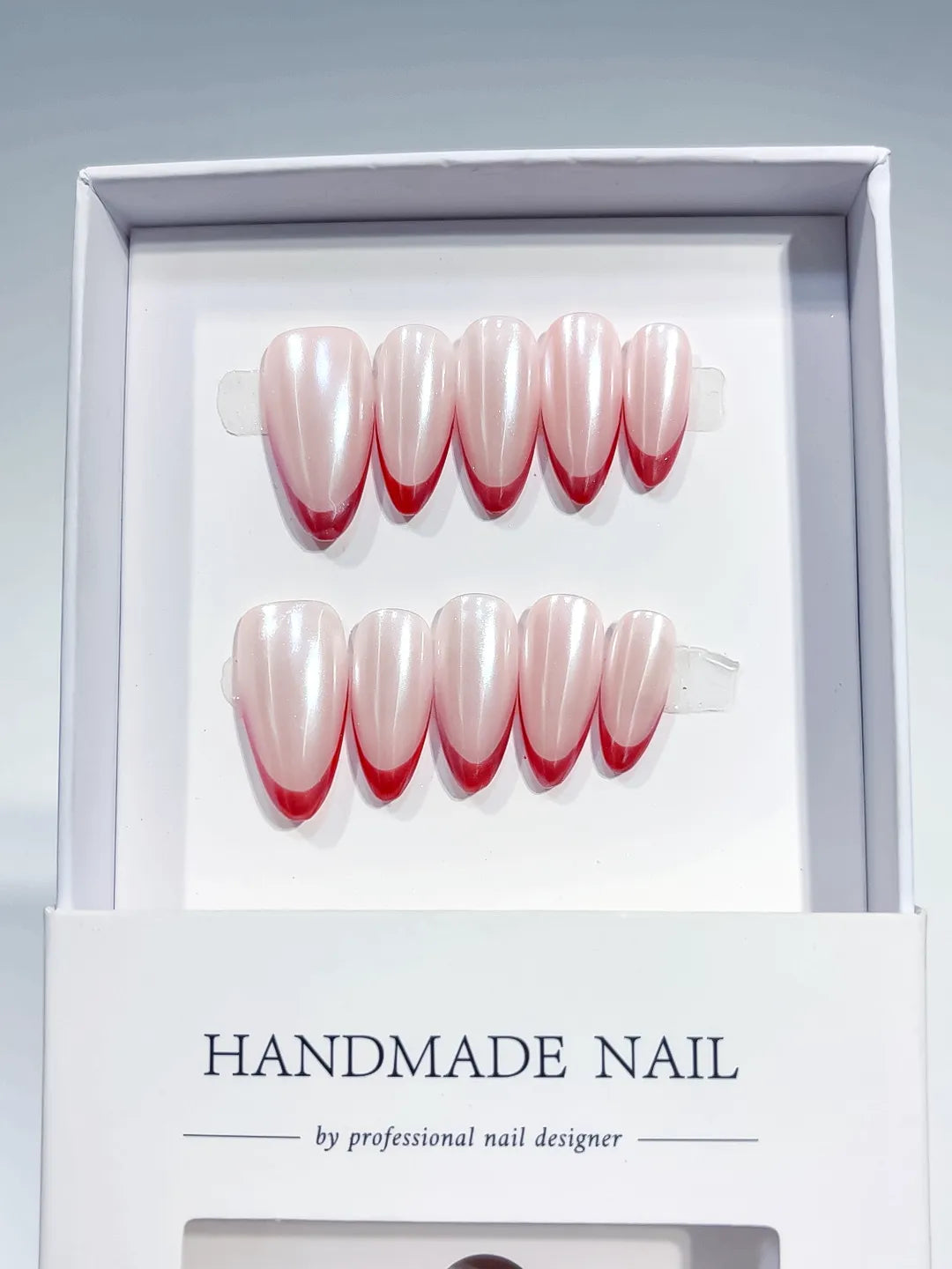 White Pink Red French tip Pearl Sheen press on nails full set view