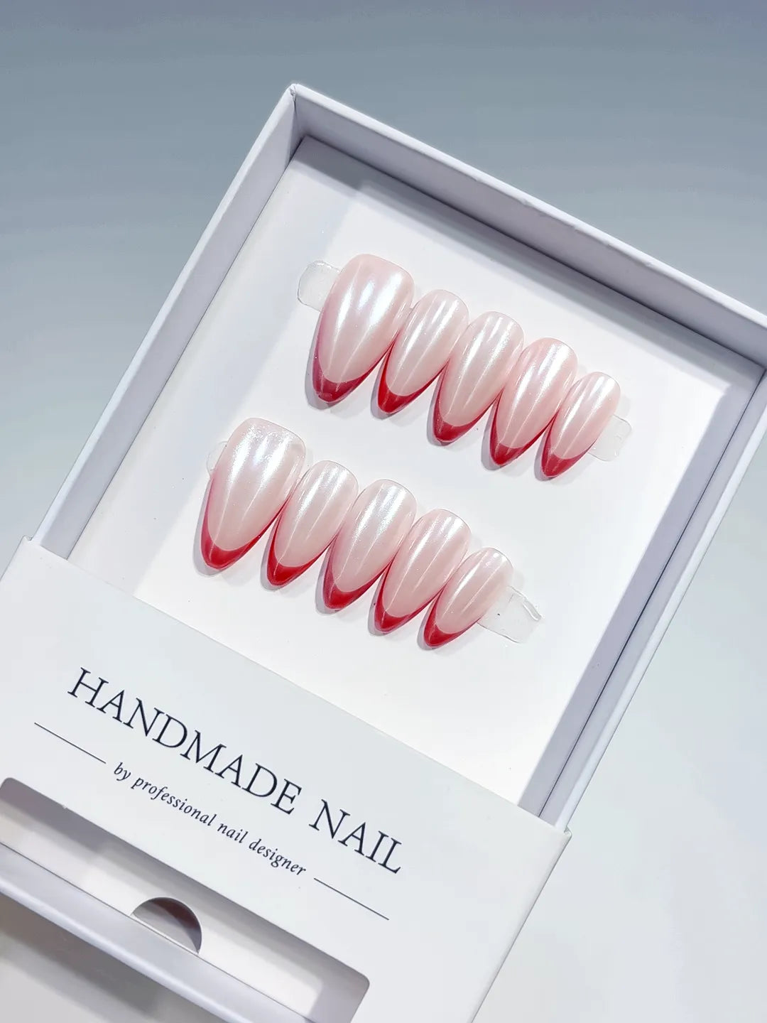 White Pink Red French tip Pearl Sheen press on nails