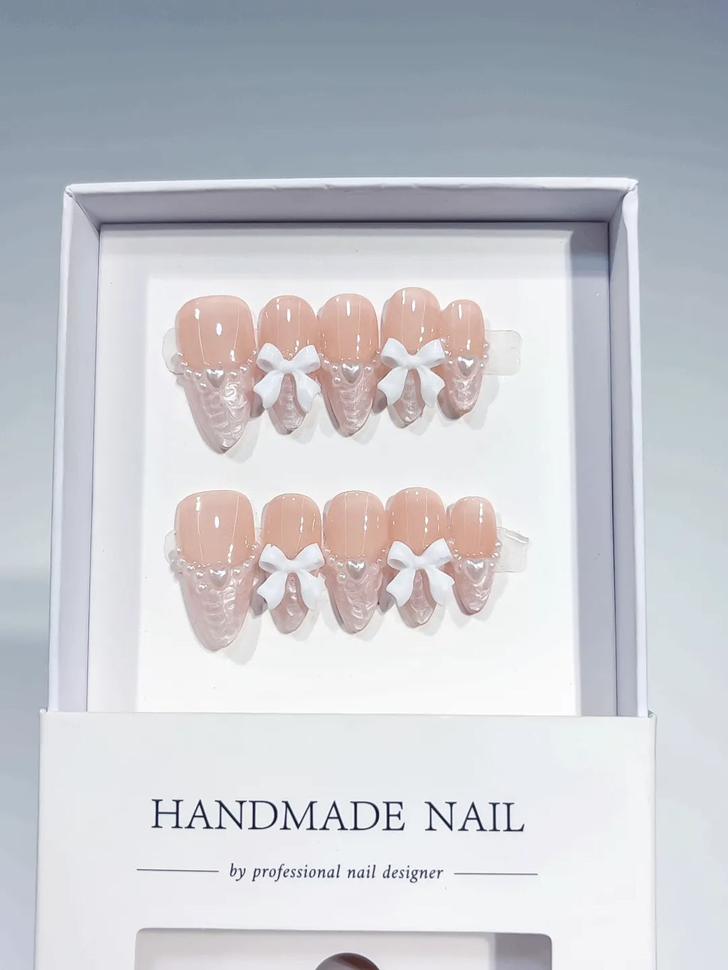 Nude White Pink French tip Bow Lace press on nails full set view