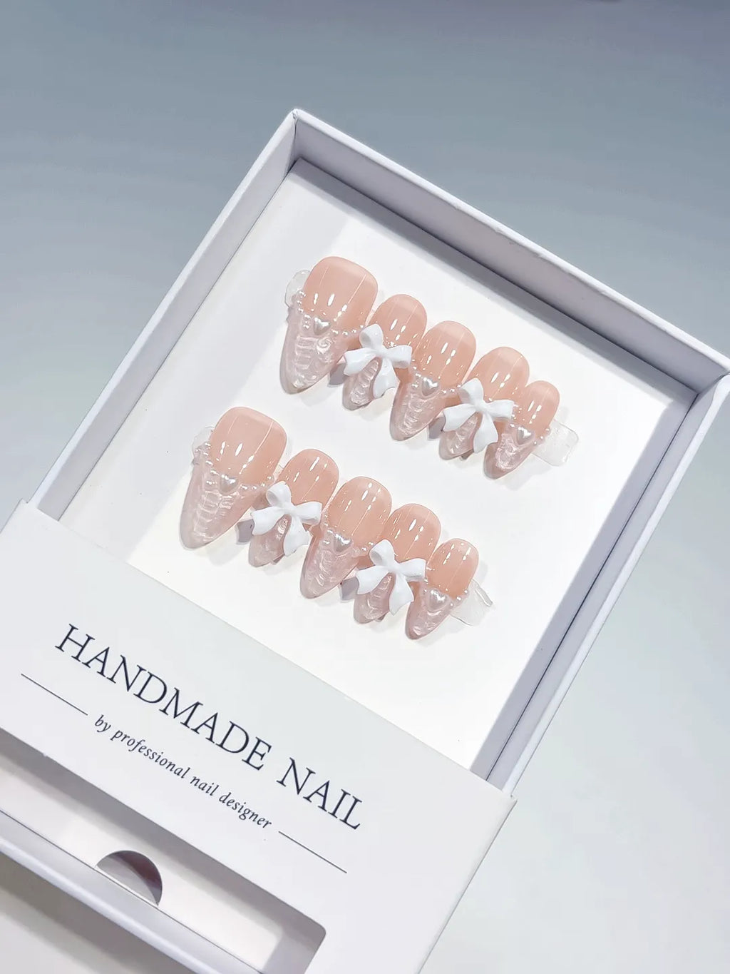 Nude White Pink French tip Bow Lace press on nails