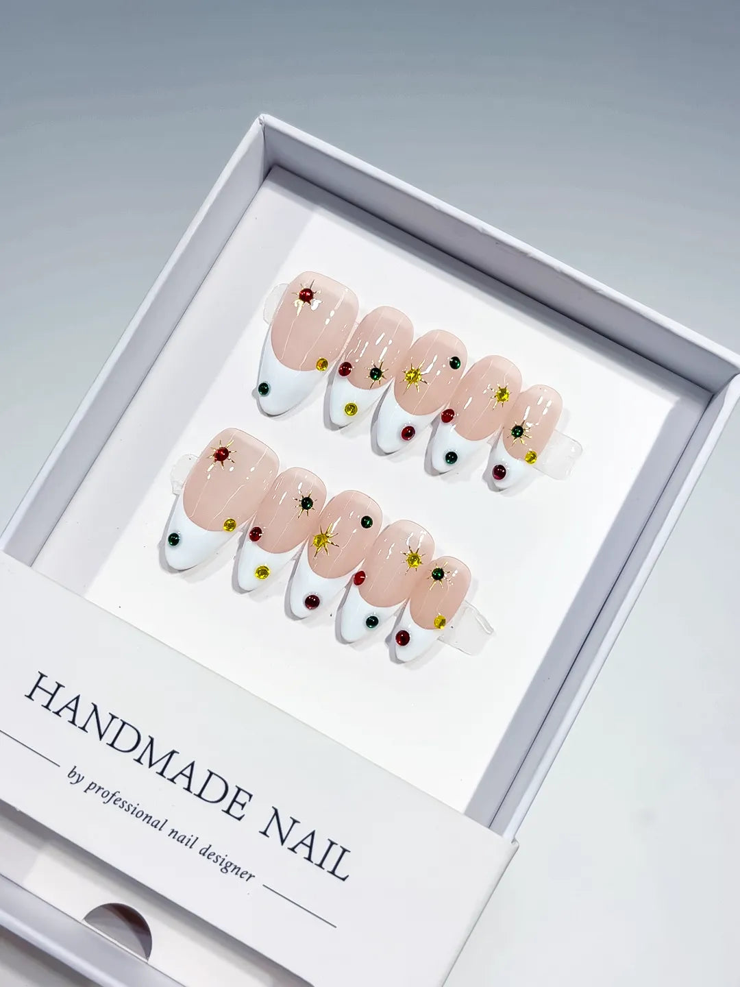 Nude White Multicolor French tip Rhinestone Starburst press on nails