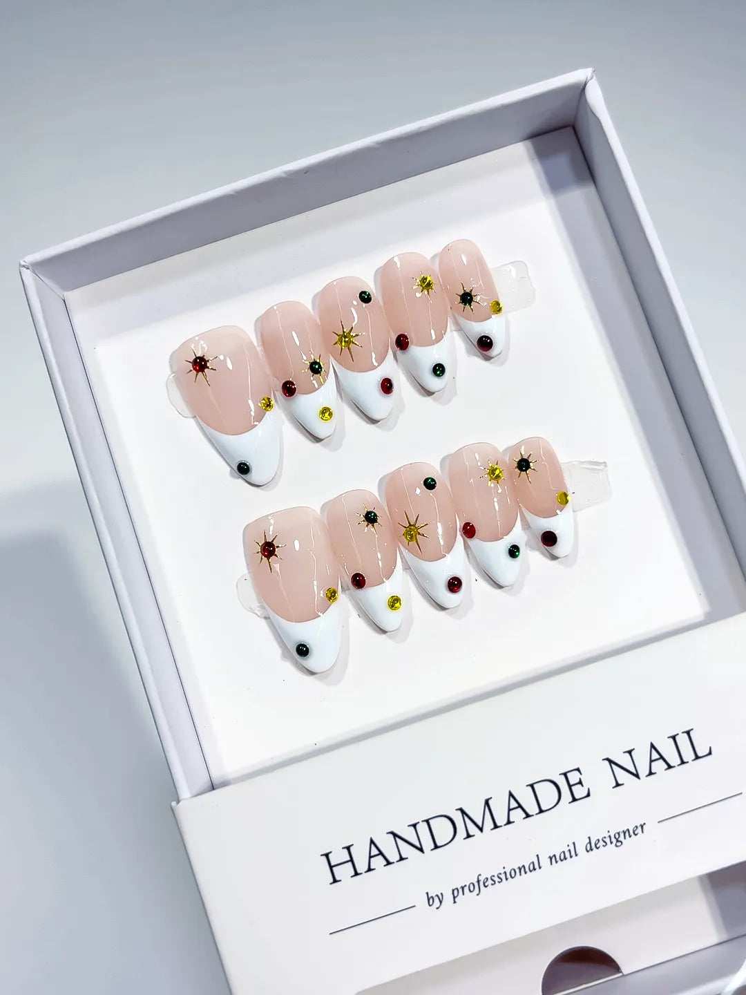 Nude White Multicolor French tip Rhinestone Starburst press on nails full set view