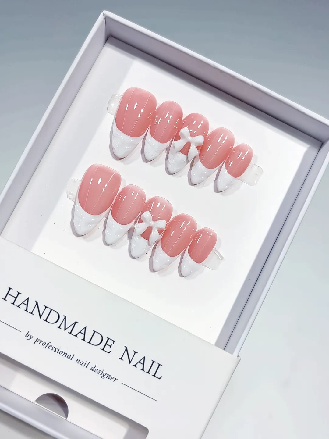 Pink White French tip Bow press on nails