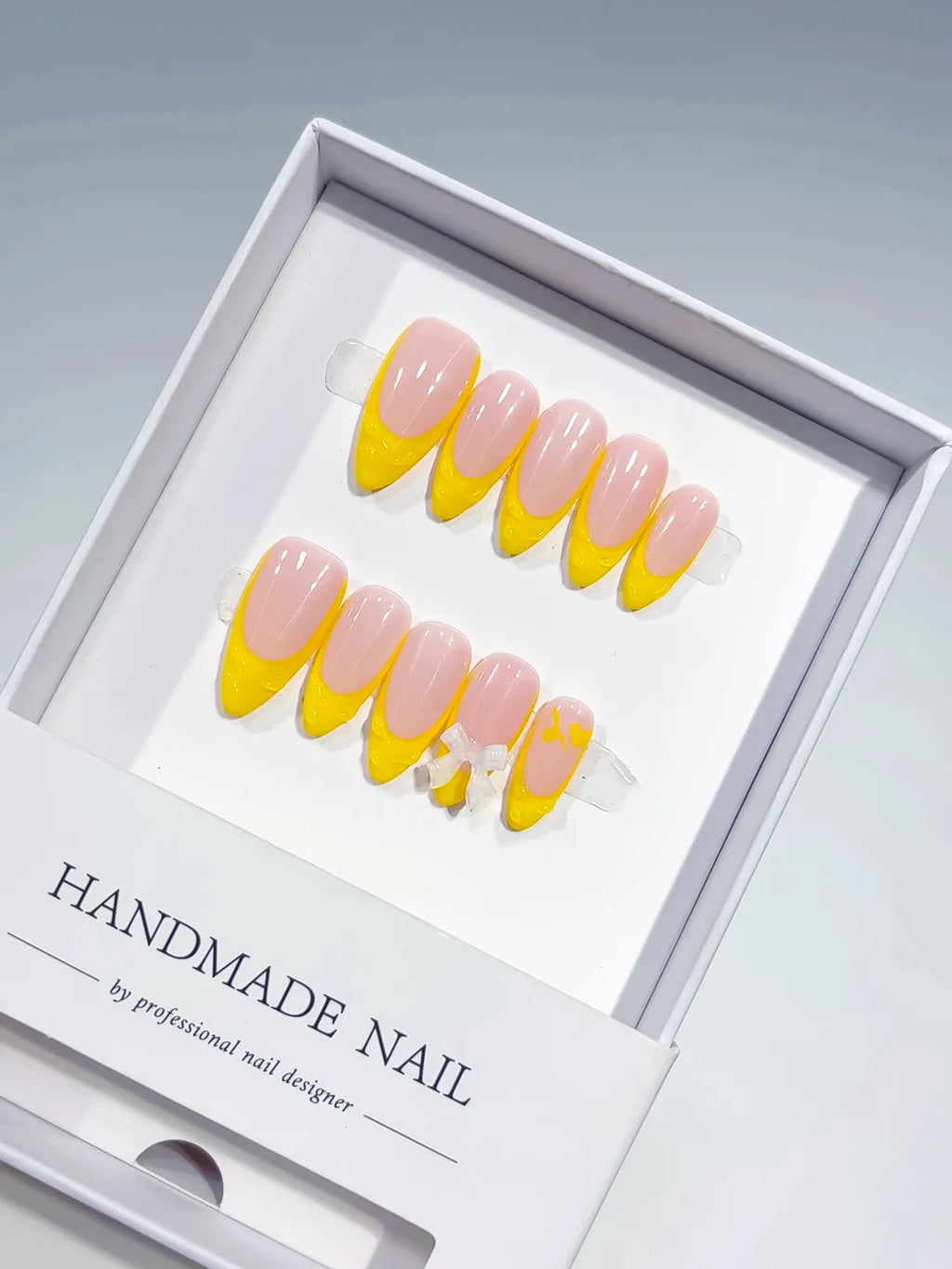Nude Yellow French tip Bow press on nails