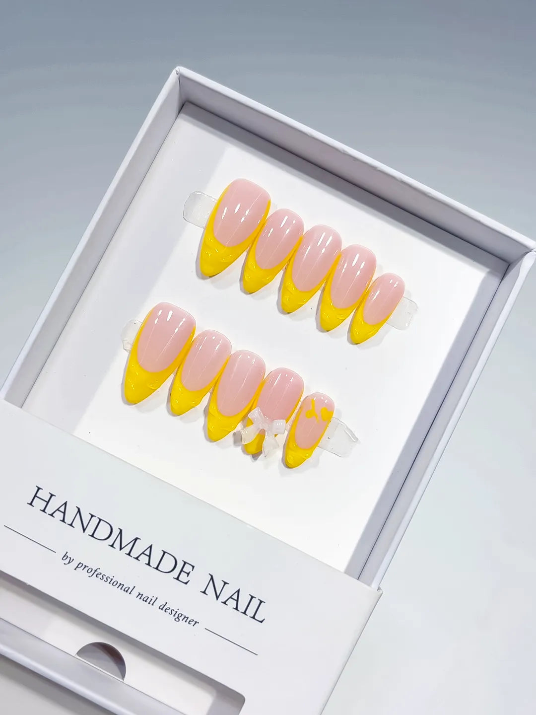 Nude Yellow French tip Bow press on nails