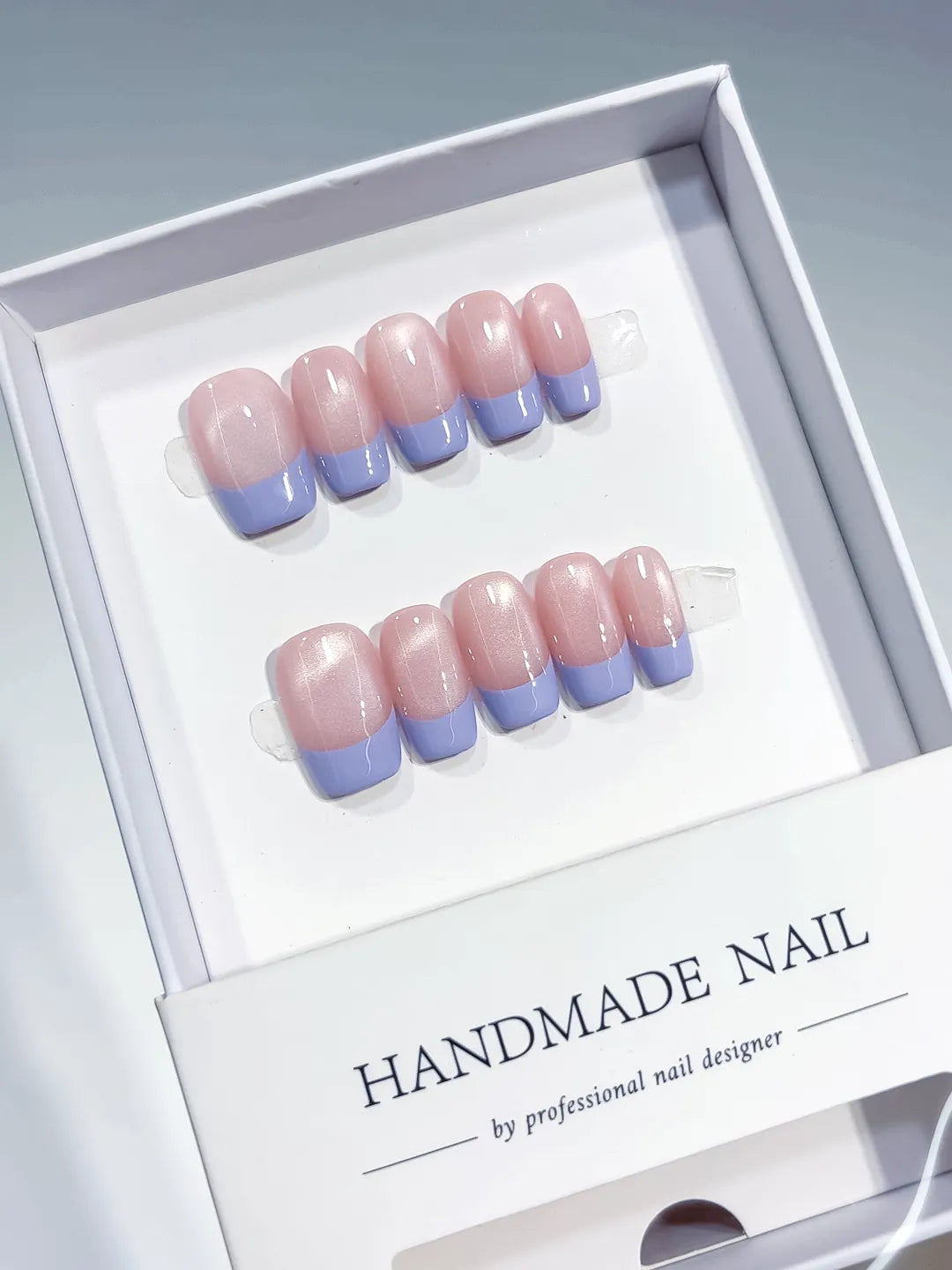 Pink Purple French tip Pearl Sheen press on nails full set view