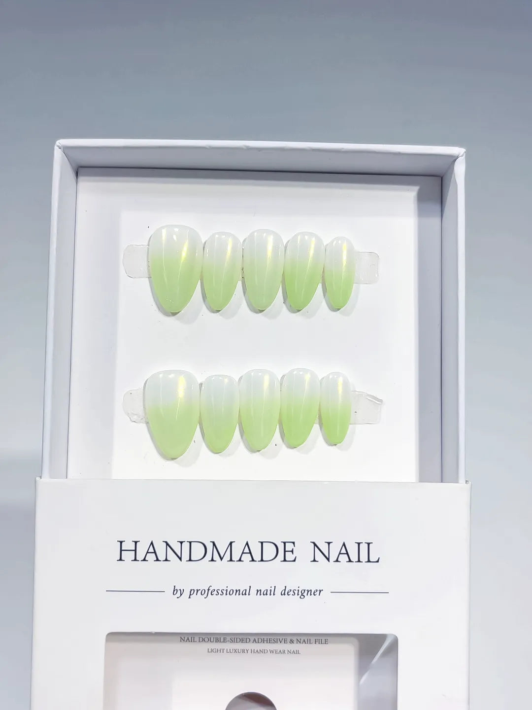 White Green Multicolor Ombre Aurora Sheen press on nails angled view