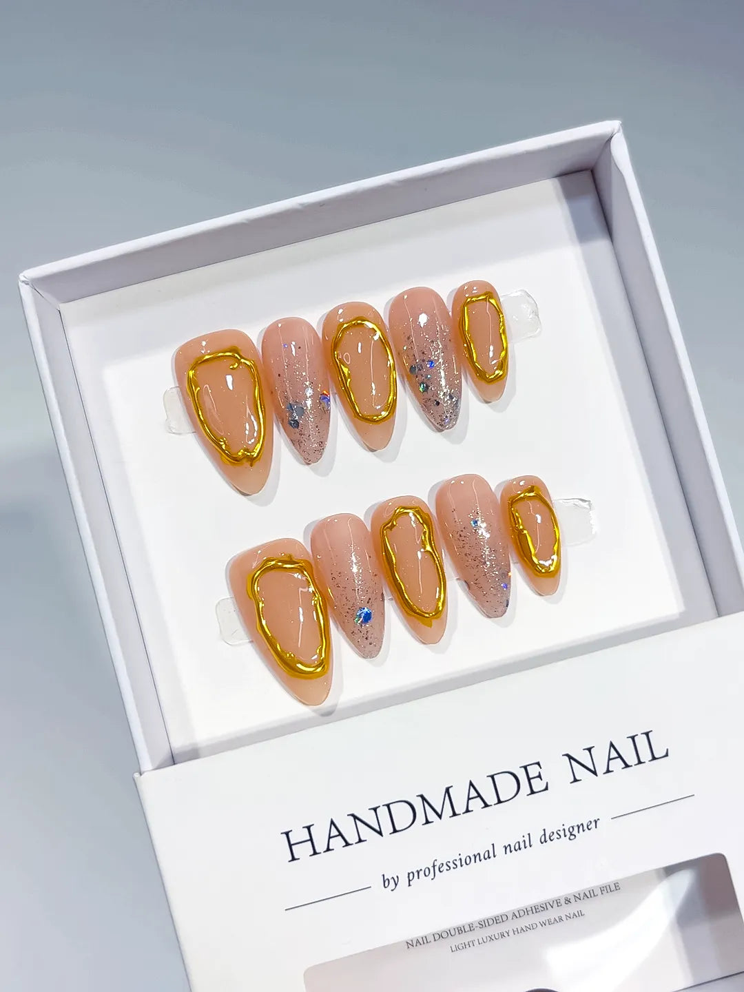 Nude Gold Abstract Glitter Gold Outline Rhinestone press on nails full set view