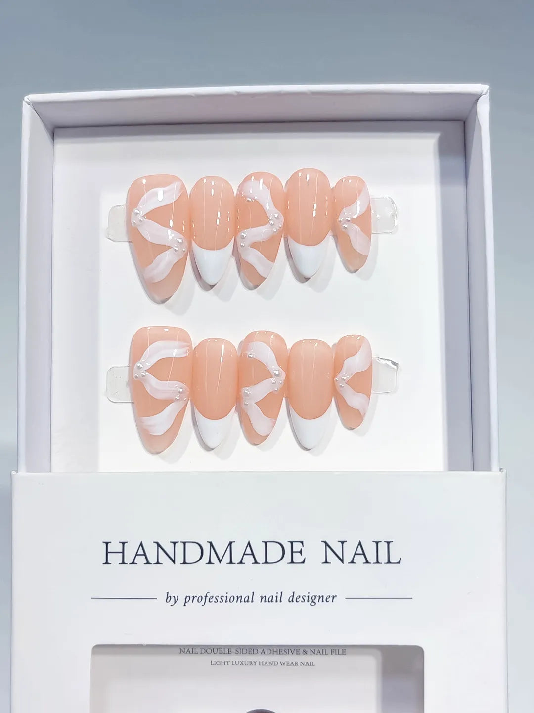 Nude White French tip Bow Swirl press on nails full set view