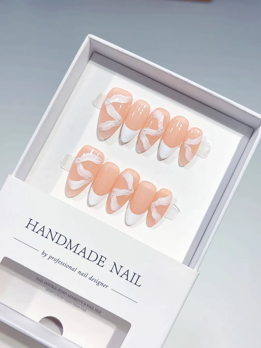 Nude White French tip Bow Swirl press on nails