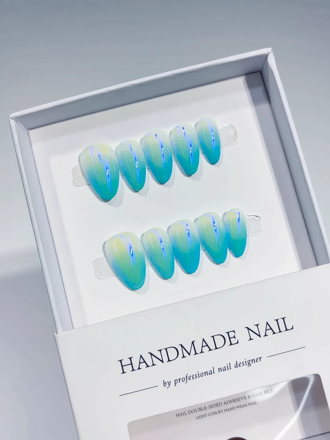 Blue Green Yellow Ombre press on nails full set view